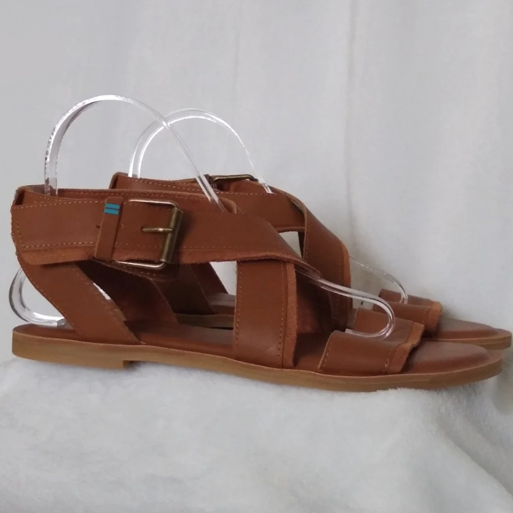 Toms Tan Leather Sandals Minimalist Flat Design Women's Sz 8 - Picture 11 of 11